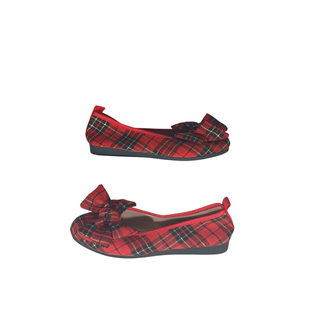 Tartan Plaid Ballet Flats 39 Red Gold Bow Holiday Festive Preppy Coquette